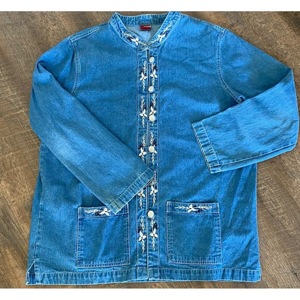 Vintage Tudor Court Embroidered Floral Denim Jacket Chore Coat Shacket Large